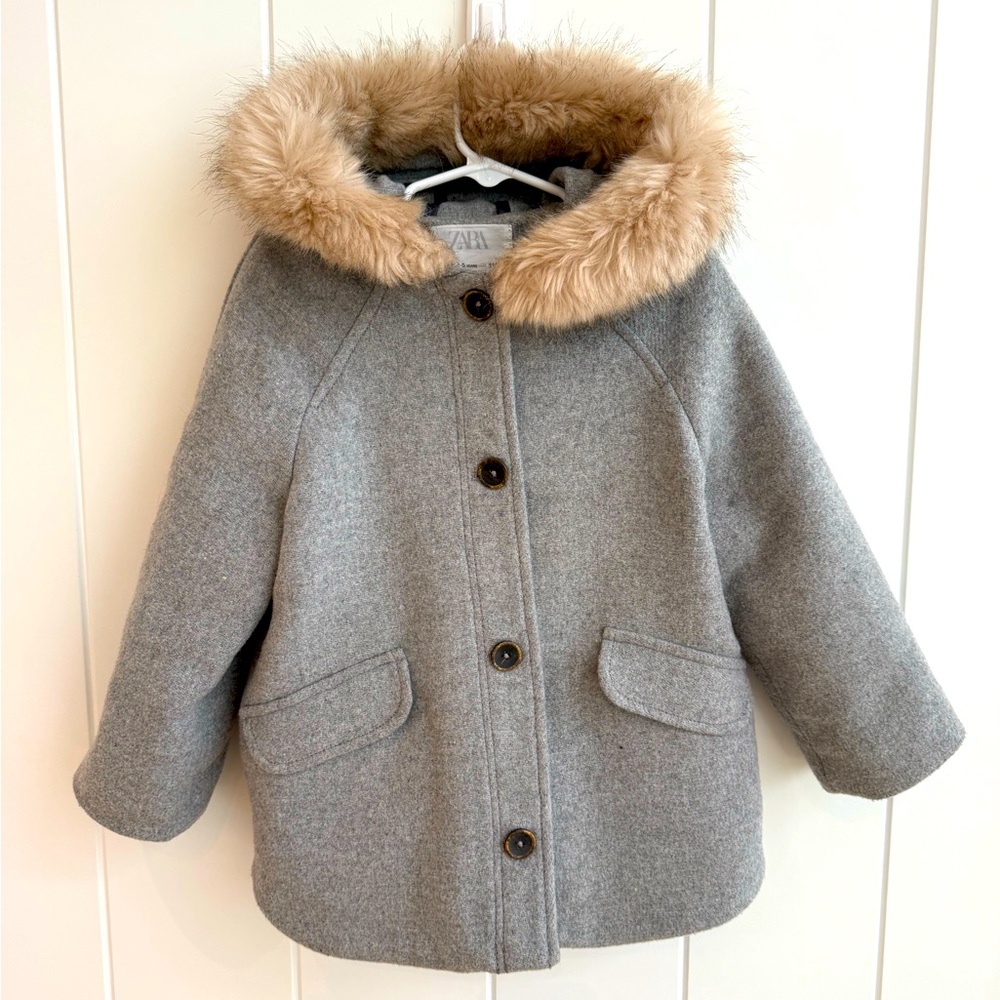 Zara Kids Button Wool Coat with Fur Hood